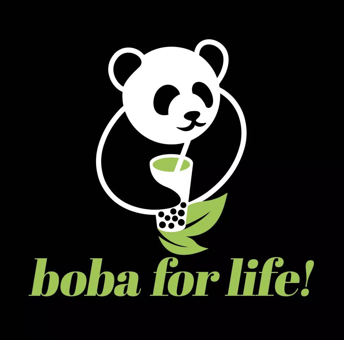 Boba for life logo with a panda drinking green tea.